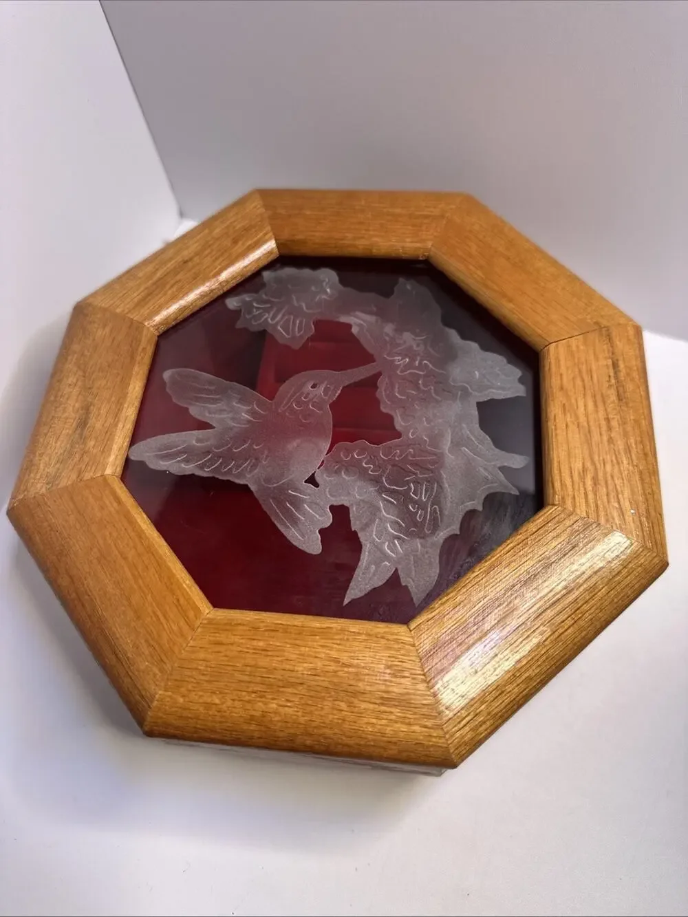 Wooden Octagon-Shaped Jewelry Box vintage Glass Hummingbird